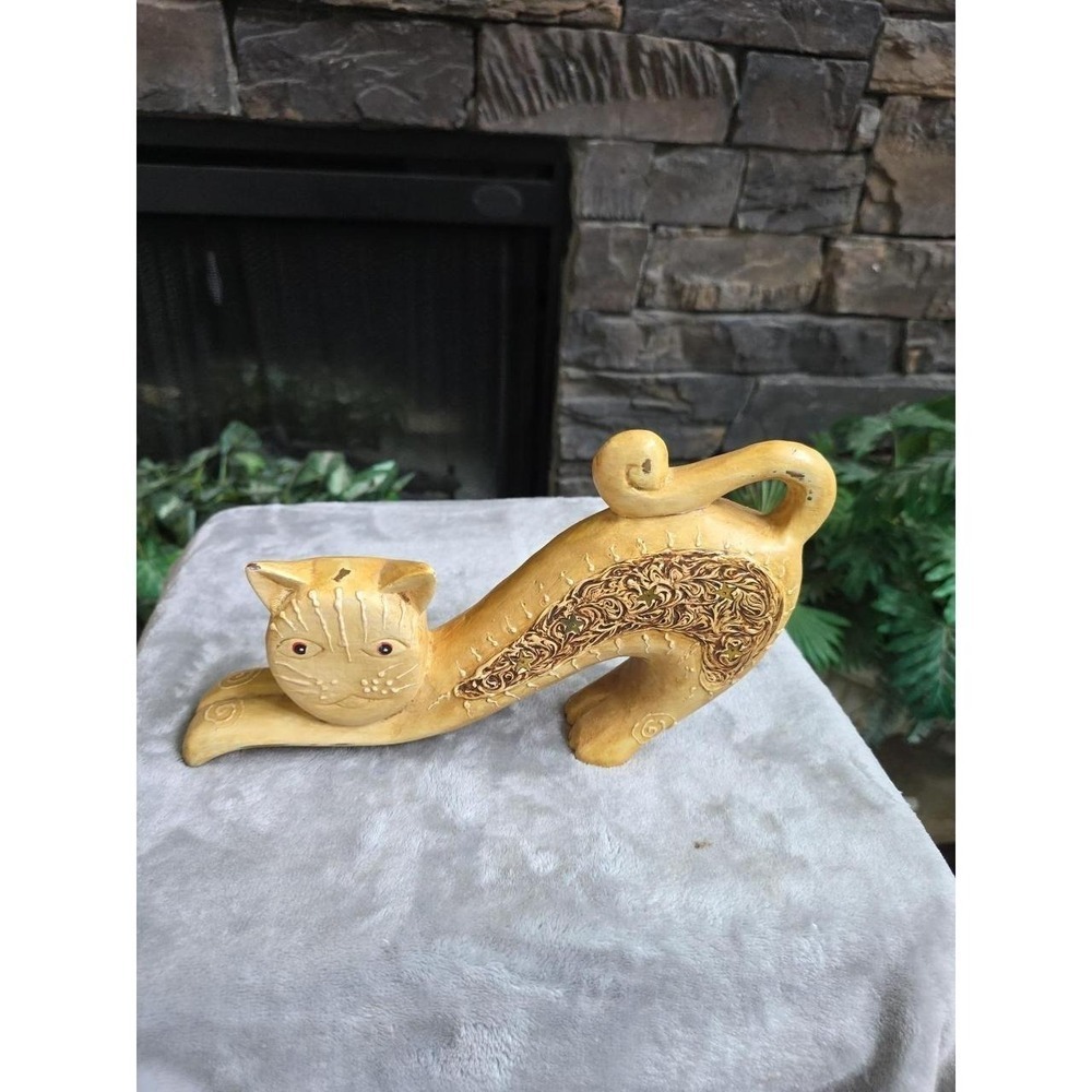 Figure, Cat, Made Of Wood In A Stretching Pose. Unmarked